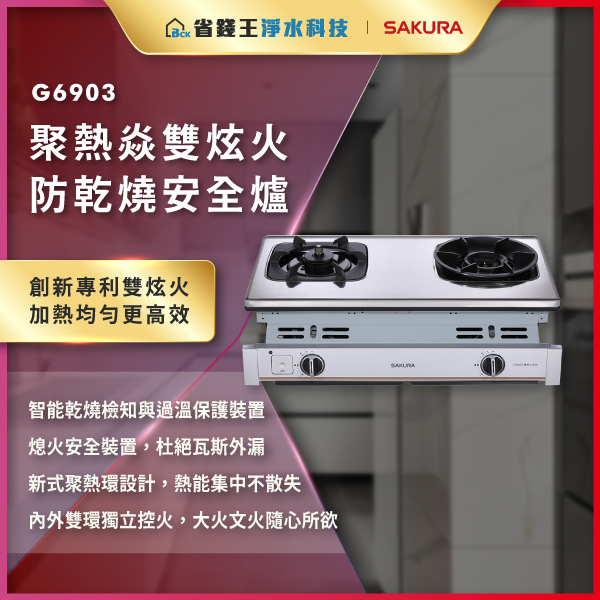 免費申請補助】SAKURA 櫻花牌G6903 聚熱焱雙炫火防乾燒安全爐- 省錢