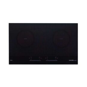 Black 2-burner induction cooktop with touch controls and illuminated indicators (Sakura brand)
