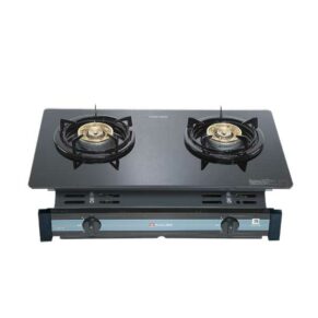 Portable two-burner gas stove with blue-gray body and front control knobs, used for cooking outdoors or at home.