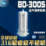 Advertisement banner for BD-300S stainless steel medical-grade filter by Budi Water, with NSF and SGS logos on a blue background.