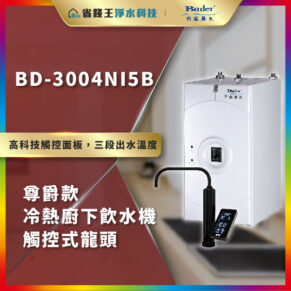 Promotional poster for BD-3004NI5B water heater with a digital touch control panel and pull-down faucet in a kitchen setting.