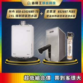 Promotional banner showing a Rinnai gas water heater and a water filtration system with filter cartridge on display stands, highlighting a low combo price sale.
