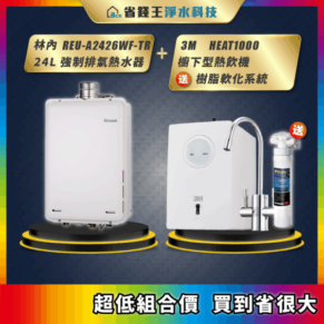 Display of two home water heaters: left is a Rinnai 24L tankless unit (REU-A2426WF-TR), right is a 3M HEAT1000 under-sink system with a faucet and filter; promotional gold banners above.