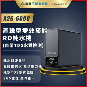 A26-600G RO純水機廣告海報，黑色方形機身與前置控制面板，宣傳自帶TDS水質檢測與直飲純水功能。