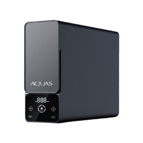 Compact dark gray water purifier with AQUAS branding and a glossy front control panel showing a digital display and touch buttons