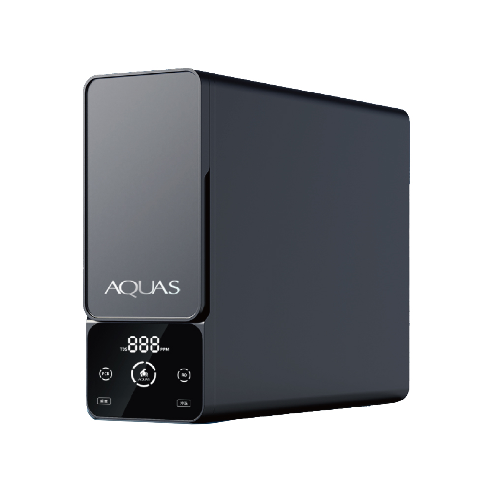 Compact dark gray water purifier with AQUAS branding and a glossy front control panel showing a digital display and touch buttons