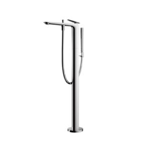 Freestanding chrome bathroom faucet with a handheld shower head and hose on a round base.