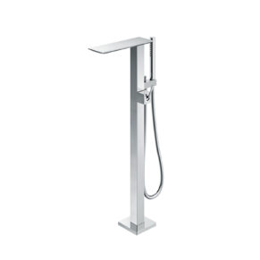 Freestanding chrome bathroom faucet with handheld shower and slim vertical column on a square base.