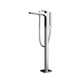 Floor-mounted chrome faucet with a tall column, horizontal spout, and attached handheld shower hose.