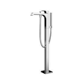 Freestanding chrome bathroom faucet with handheld shower sprayer and hose/rail attachment