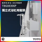 Standalone tall bathtub faucet with handheld shower in a modern bathroom (model TBGO306P by TOTO).