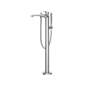 Floor-standing chrome faucet with a pull-down spray head and hose.