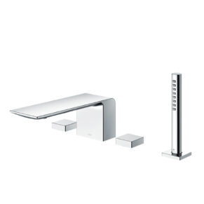 Chrome bathroom faucet set with a flat rectangular spout and two square side handles, plus a tall digital control column for precise water control.