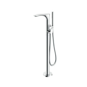 Freestanding chrome bathroom faucet with a handheld shower attachment on a pole.