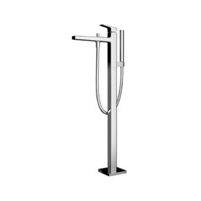 Freestanding chrome bathroom faucet with a horizontal spout and a handheld shower on a flexible hose mounted to a vertical stand.