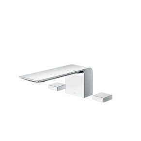 Modern chrome bathroom faucet with a flat horizontal spout and two square handles on either side.