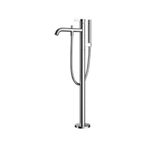 Stainless steel stanchion with a retractable belt for crowd control, shown with a curved arm and tall post