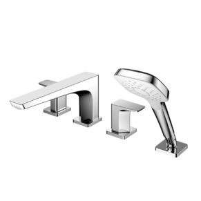 Chrome bathroom faucet set with a long spout, two square handles, and a handheld shower head on the right side.