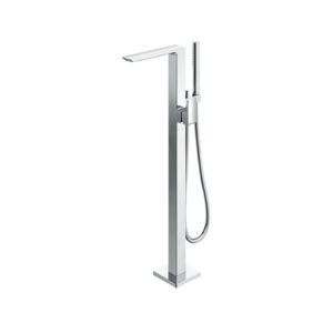 Floor-standing chrome faucet with a tall vertical column and a detachable handheld spray hose attached to the side.