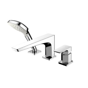 Chrome bathroom faucet set with a handheld shower head and two square handles.