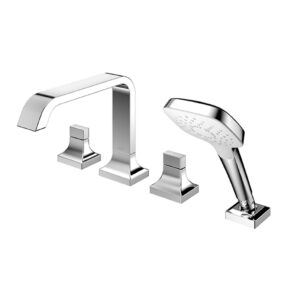 Chrome bathroom faucet set with a tall curved spout, two handles, and a handheld shower head attachment.
