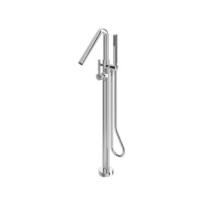 Chrome kitchen faucet with tall curved spout and pull-out spray hose.