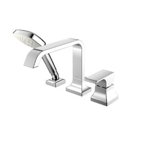 Chrome bathroom faucet set featuring a tall curved spout and separate rectangular bases/handles (modern fixture)