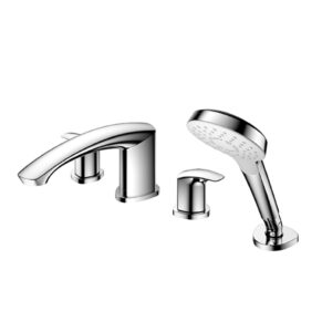 Chrome bathroom faucet with a separate spout, handle, and handheld shower head