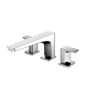 Chrome three-piece sink faucet set with a long rectangular spout and two separate square handles.