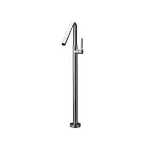 Freestanding chrome kitchen faucet with a tall gooseneck spout and single lever handle