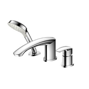 Chrome bathroom faucet with a separate handheld shower spray and lever handle