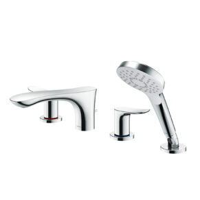 Chrome bathroom faucet set with a tub spout, two handles, and a handheld shower head for bath and shower use