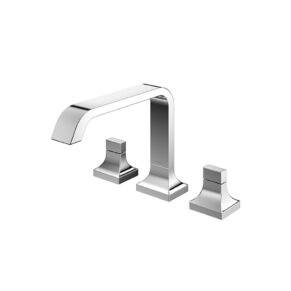 Chrome widespread faucet with tall curved spout and two square handles on either side.