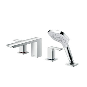 Three-piece chrome bathroom faucet set with tub spout, single lever, and handheld shower attachment used for a modern bath."