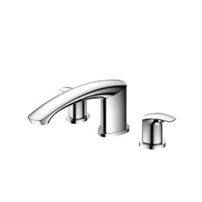 Chrome bathroom faucet with two handles and curved spout