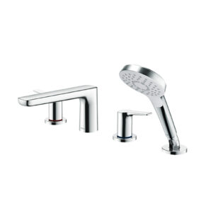 Chrome bathroom faucet set with two handles and a detachable handheld showerhead on a white background, wall-mount style.