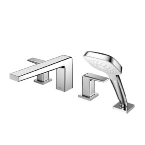 Chrome bathroom faucet set with a wall-mounted spout, a separate control valve, and a handheld shower head