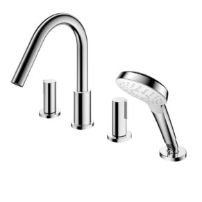 Chrome bathroom faucet set with tall curved spout, two handles, and a handheld showerhead included.