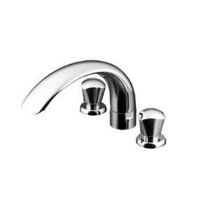 Chrome bathroom faucet with curved spout and two separate handles (hot and cold).