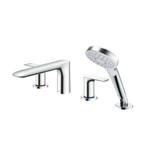 Chrome bathroom faucet set with a deck-mounted spout, single lever handle, and handheld shower head.