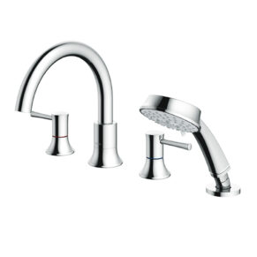 Chrome bathroom faucet set with a tall gooseneck spout, hot/cold handles, and a detachable handheld shower head.