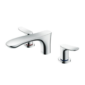 Modern chrome bathroom faucet with two separate handles (hot and cold) on a white background, featuring red and blue accents.