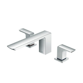 Modern chrome bathroom faucet set with a long curved spout and two square lever handles.