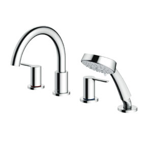Chrome kitchen faucet with tall curved spout and separate handheld spray head