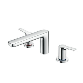 Two-handle chrome bathroom sink faucet with a tall spout and separate hot (red) and cold (blue) levers.