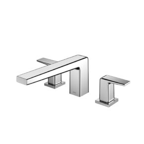 Chrome widespread bathroom faucet set with a long horizontal spout and two square lever handles.