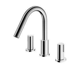 Chrome kitchen faucet with a tall curved spout and three separate handles