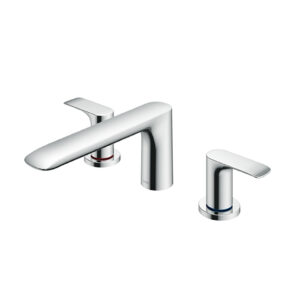 Chrome bathroom faucet set with a long curved spout and two separate handles for hot and cold water control