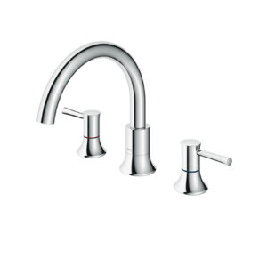 Chrome gooseneck kitchen faucet with two lever handles and red/blue hot/cold indicators; widespread three-piece setup