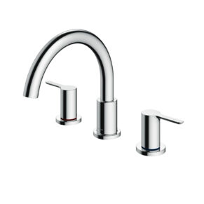 Chrome three-piece faucet set with a high-arc curved spout and two side handles (hot and cold).